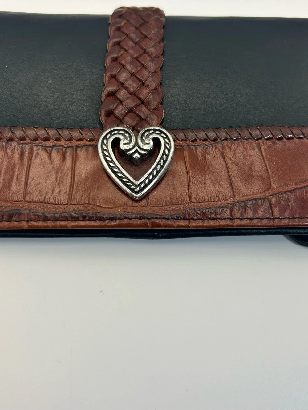 Brighton Two-tone Leather Braided Wallet Black Brown Silver Plated Heart Vintage